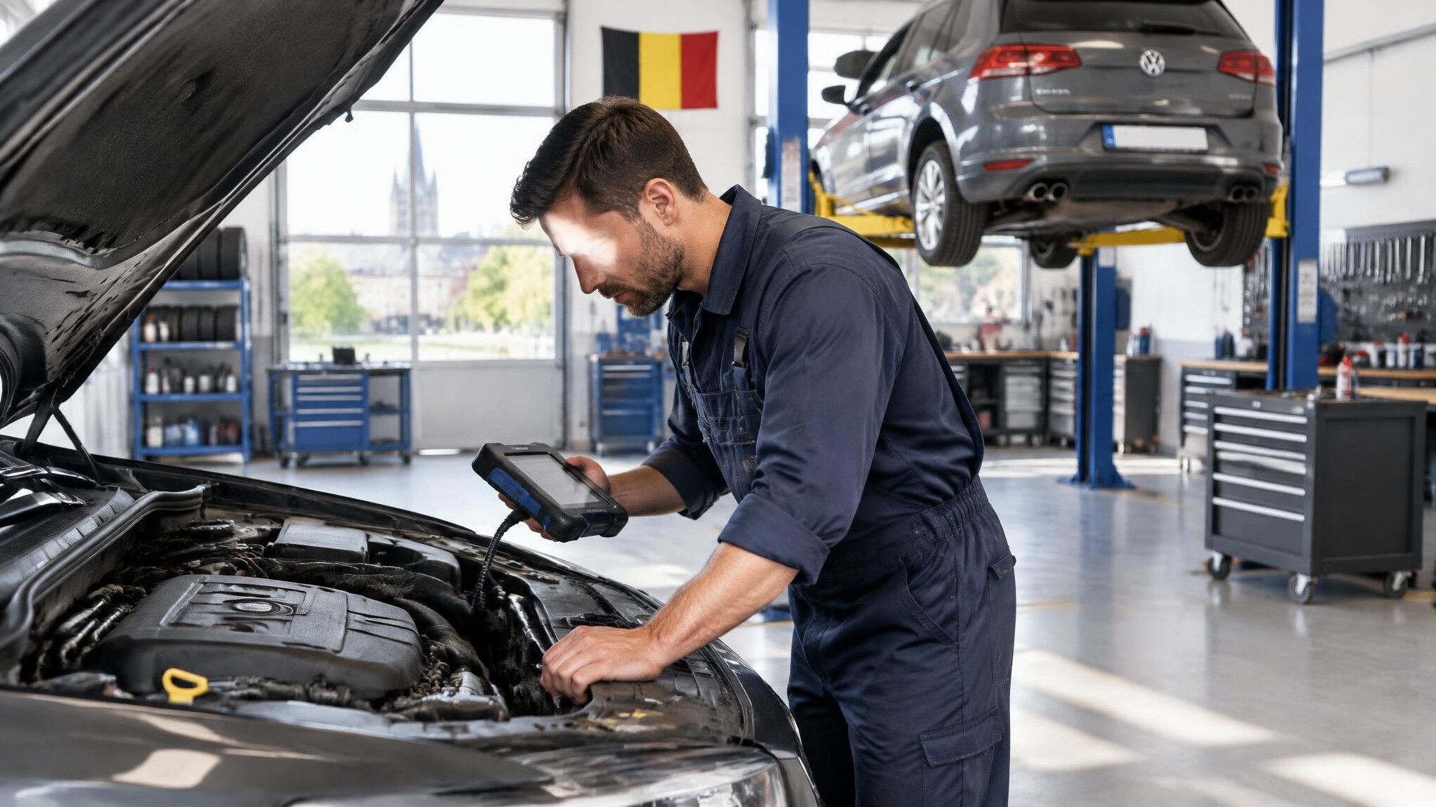 Mechanic inspecting a car engine in a bright garage
