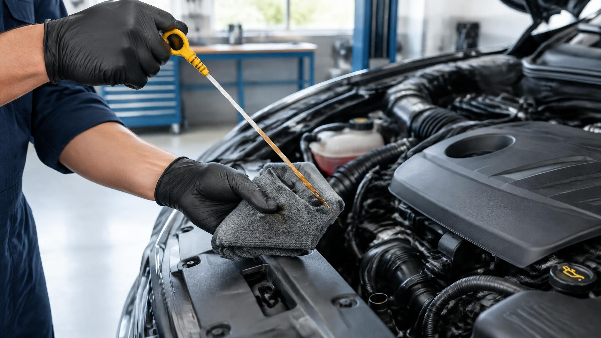 Mechanic checking engine oil with a dipstick